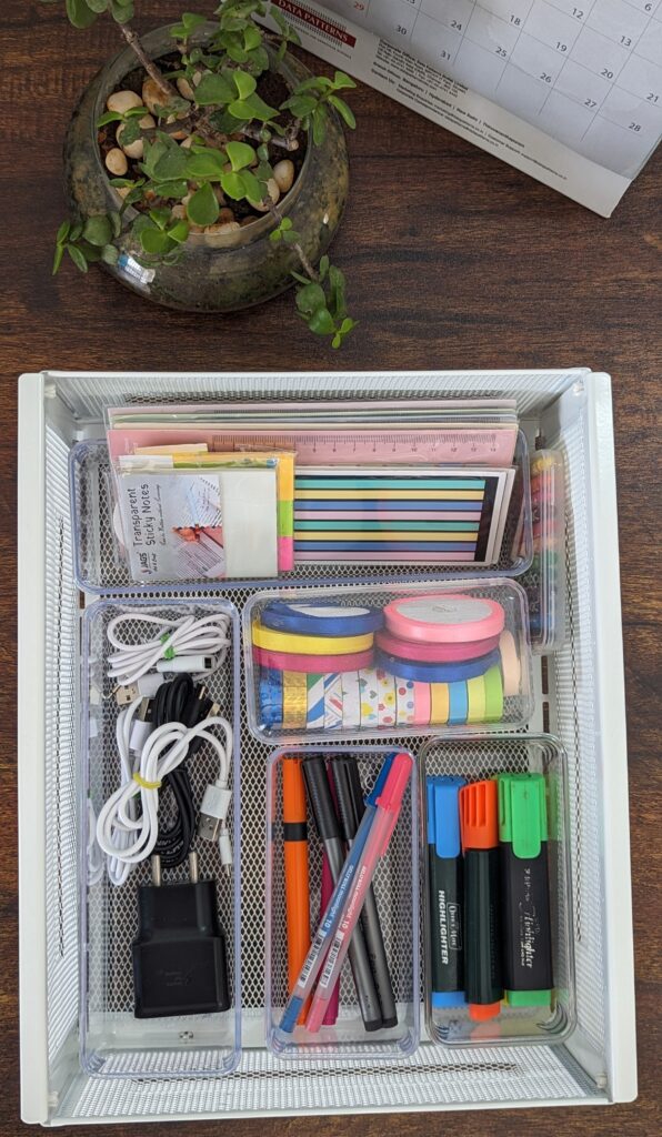 Markers pens highlighters chargers cables postits Organized