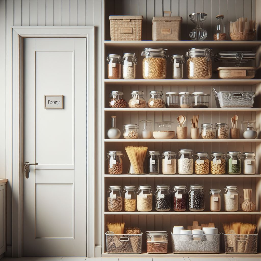 Pantry with pulses, jars, bins, pasta, rice, food on shelves