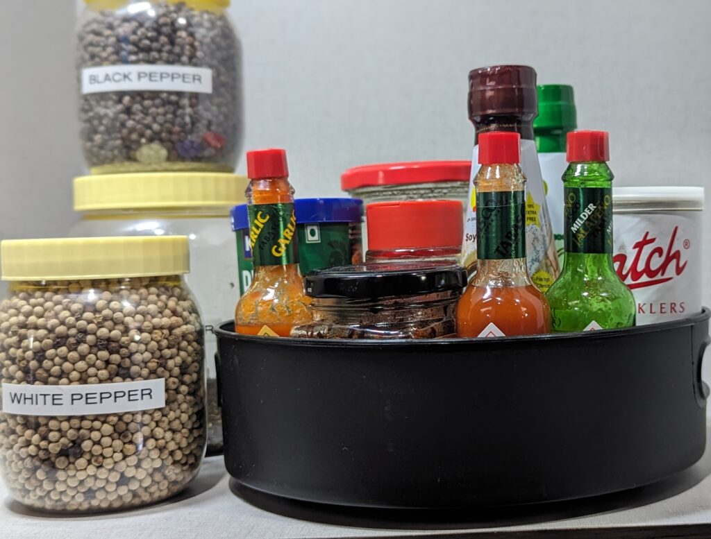 Spices, sauces in lazy susan