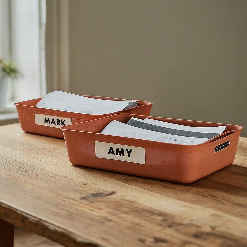 2 PLASTIC TRAYS LABELLED AS MARK , AMY kept one next to another into which papers are being organized