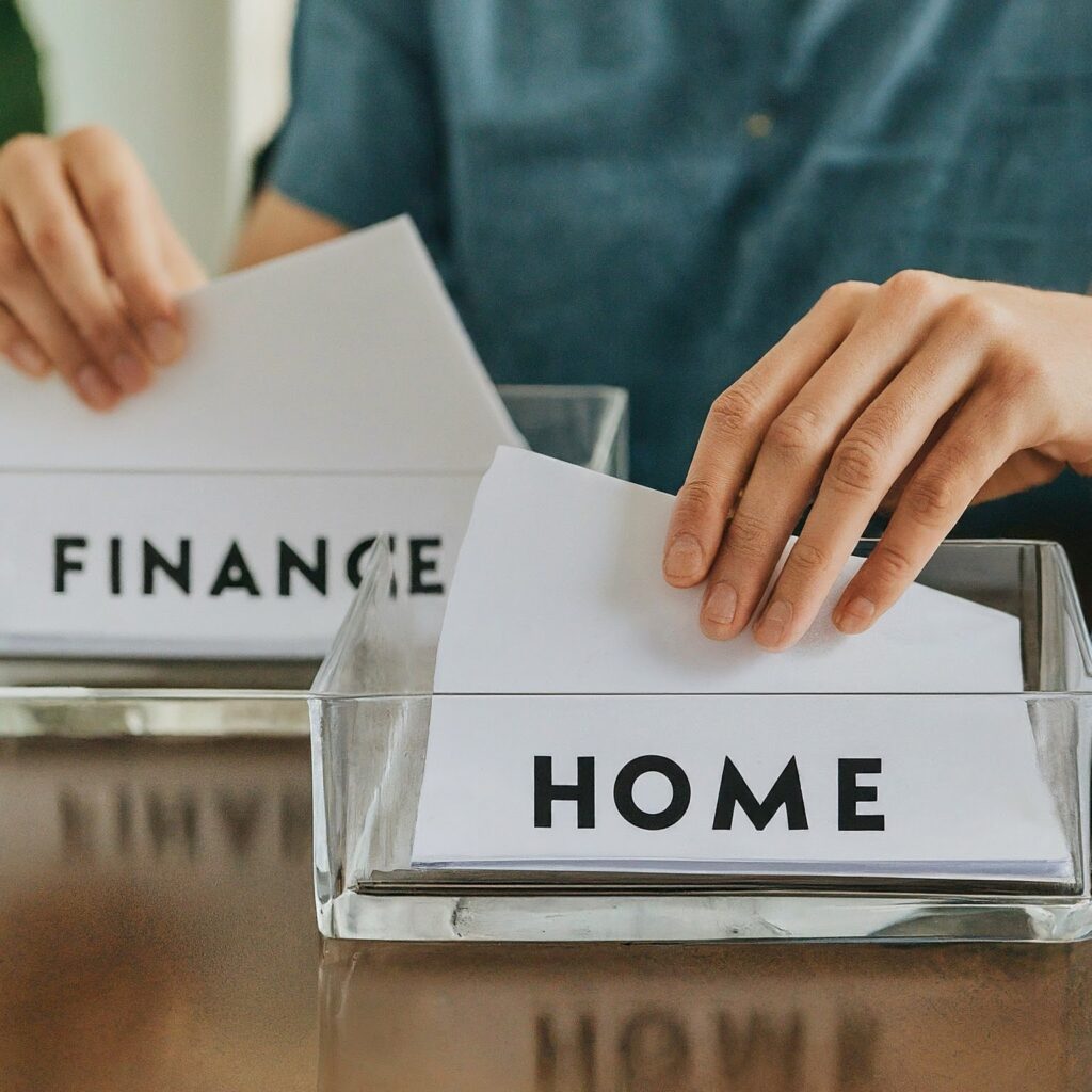 3 transparent tray spelling FINANCE, HOME kept one next to another into which papers are being sorted into by a hand