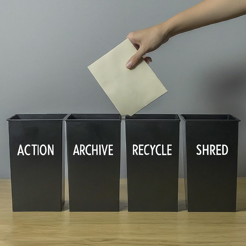 4 black bins named action, archive, recycle, shred to which a mail is being sorted