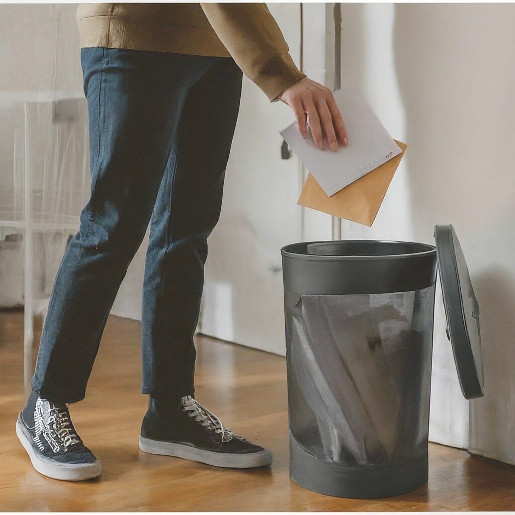 A person throwing away their mail into a trash can inside the house