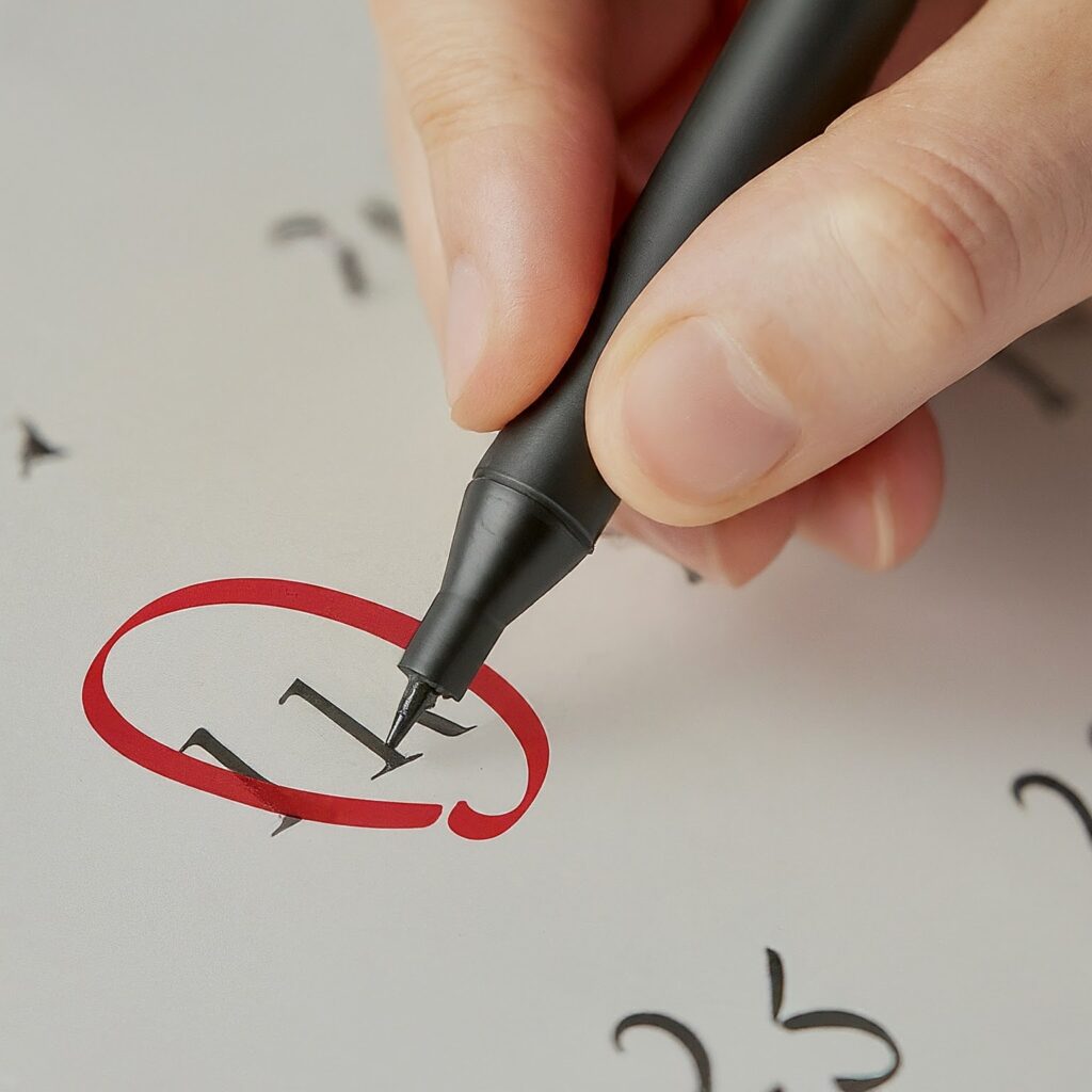 A person's hand circling a date on a calendar