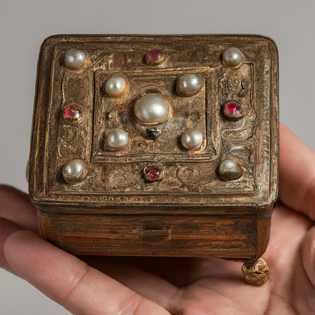 A person's hand holding an ancient jewellery box