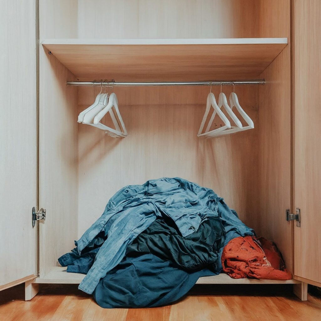 A pile of clothes on the ground outside the closet . Empty closet with empty hangers