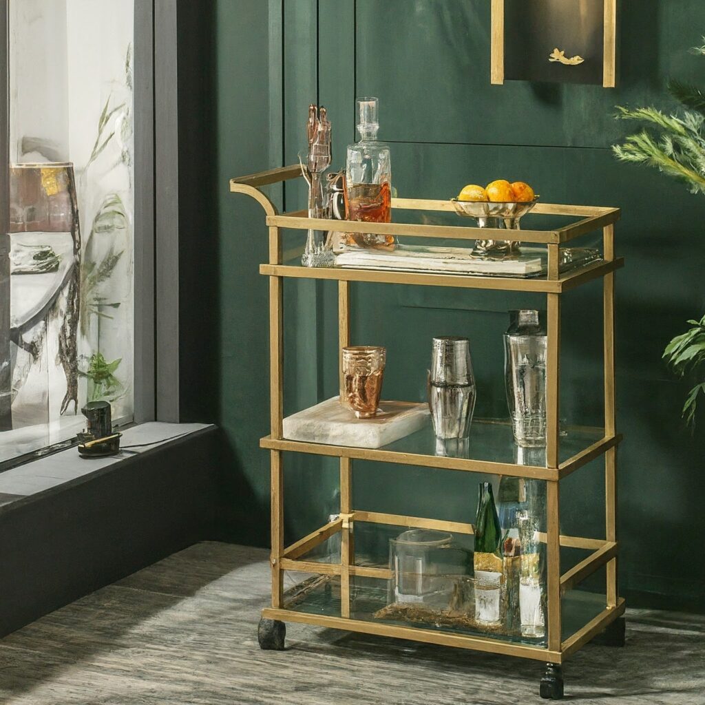 glass and gold handlebar bar cart with alcohol, glass, mixer