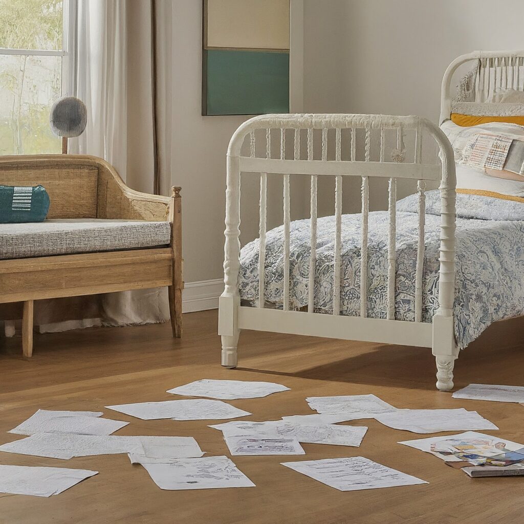 Children's School Papers scattered on a bedroom floor