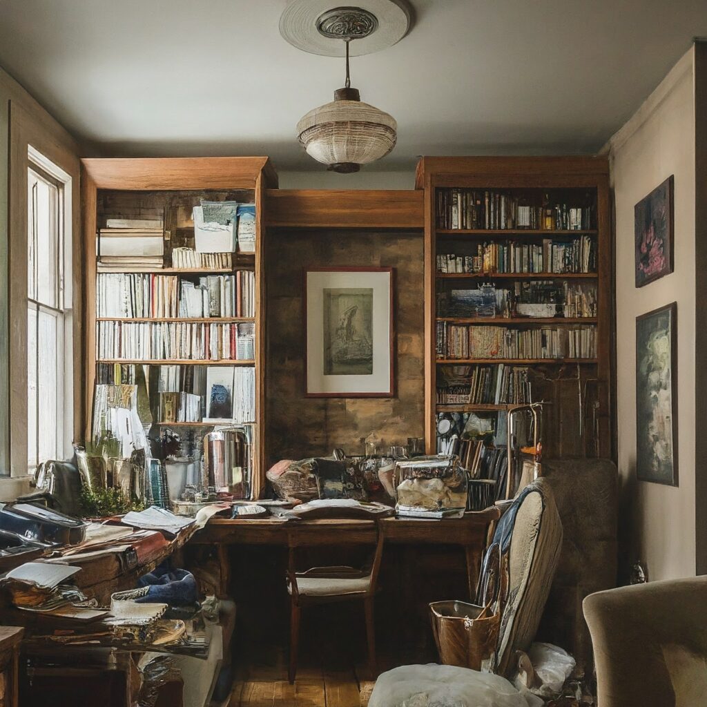 Cluttered home office with table and chair, papers, books, photos