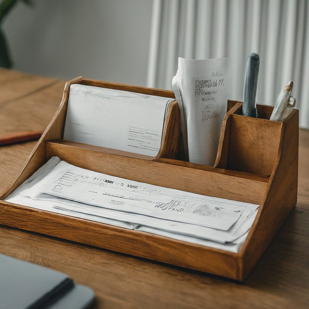 Desk organizer on a desk in a home office with bills , receipts and documents