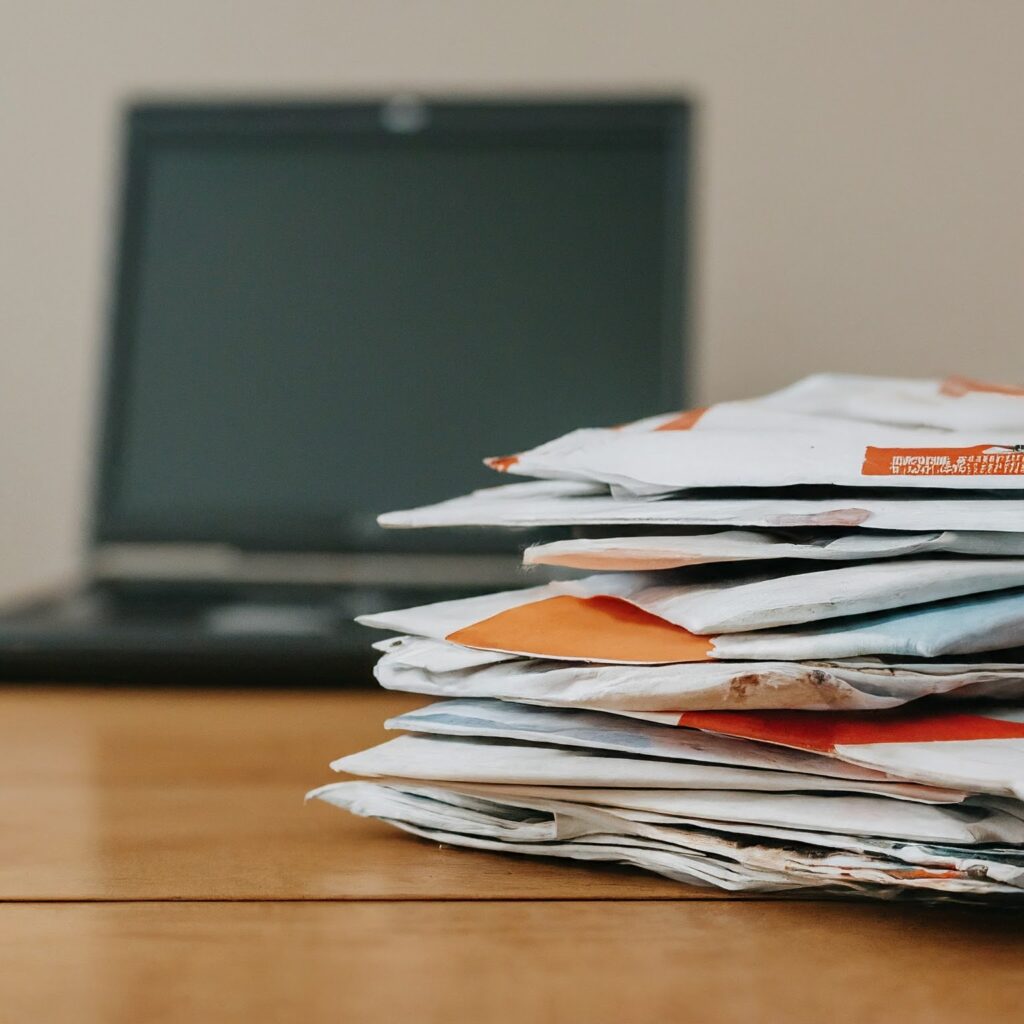 Junk mail on a table with laptop