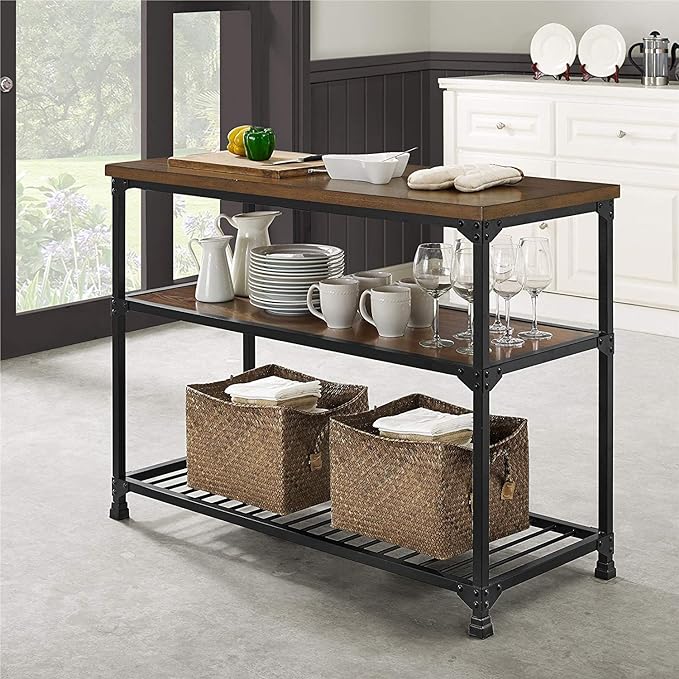 Movable kitchen island with baskets, glass, cups, plates, jug