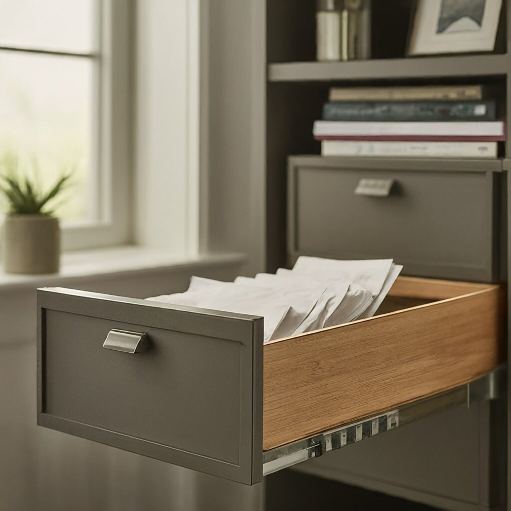 One Filing cabinet in a home office with bills , receipts and documents