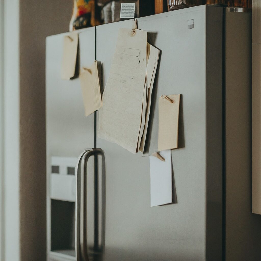 Papers put on the refrigerator in the kitchen