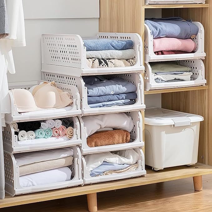 Pull-out stackable closet shelves in a closet