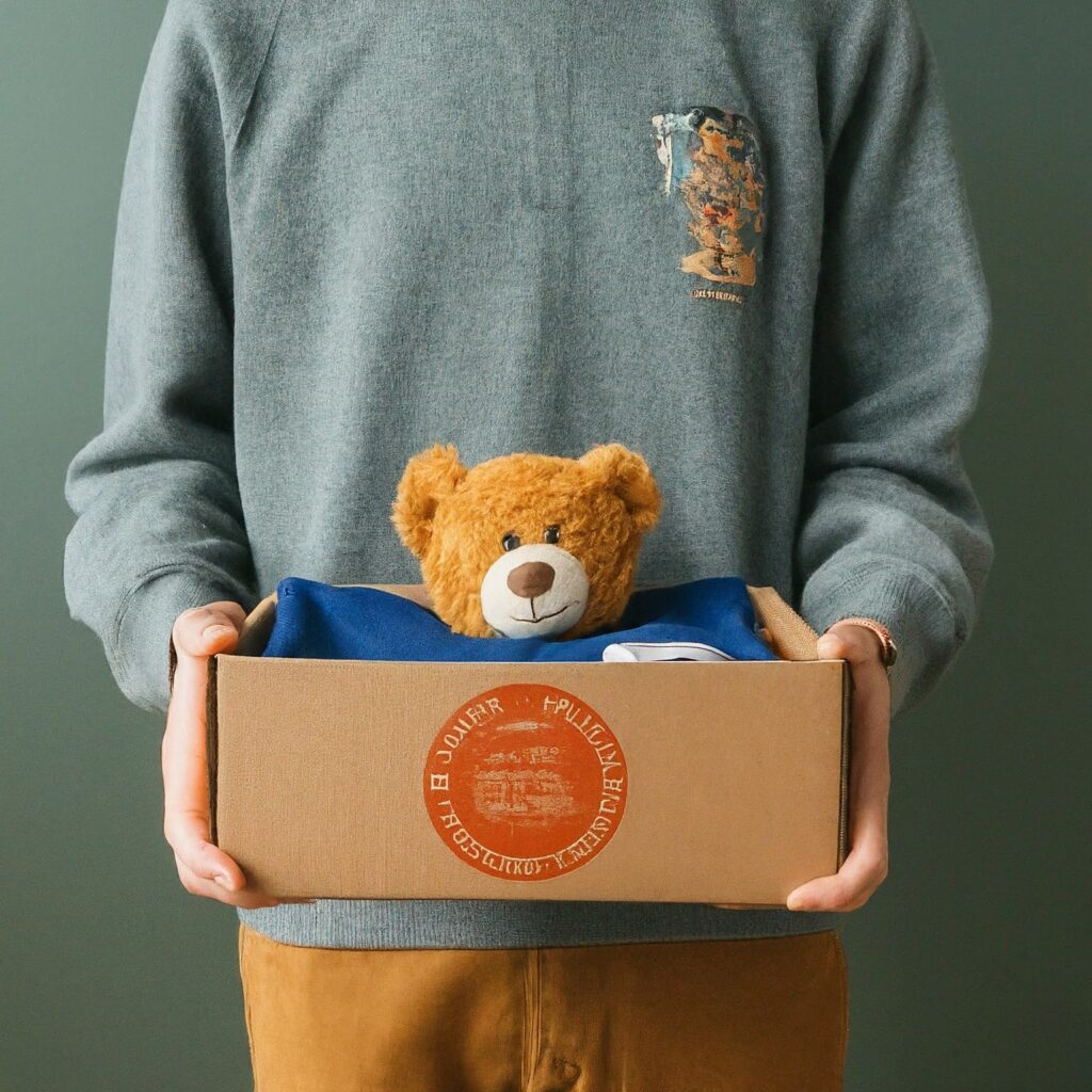 a person holding a cardboard box inside with there is a folded tshirt, teddy bear