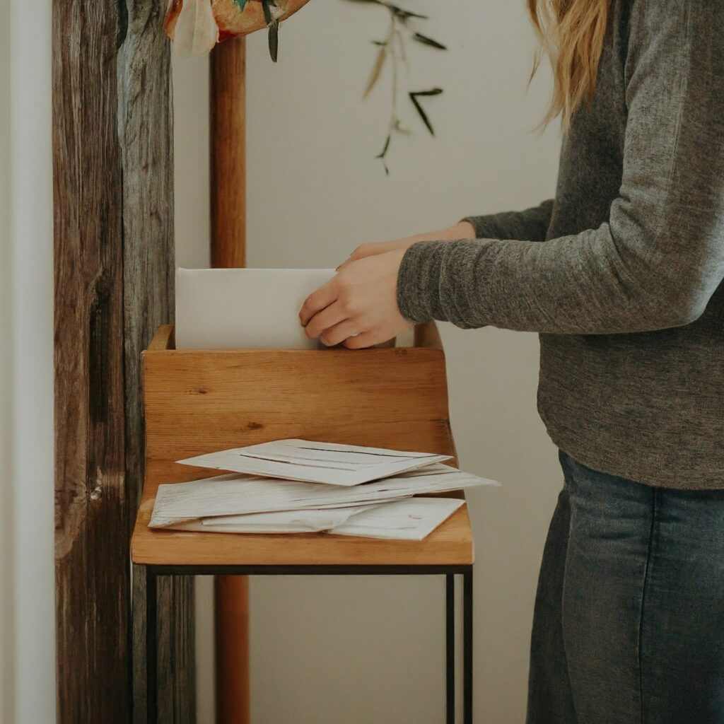 a person sorting through their mail inside the house in the entrance next to a stand where the person's face is not seen.