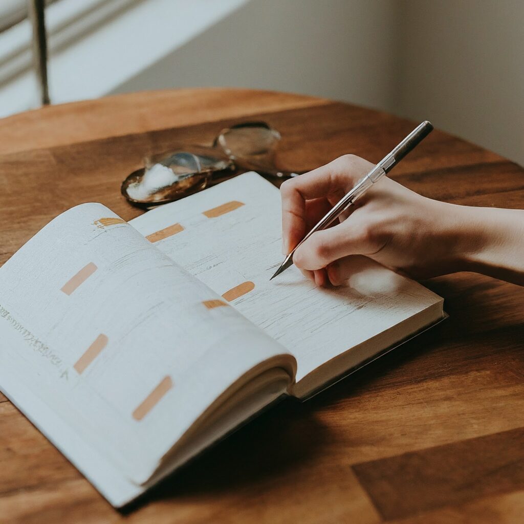 a person who is planning a schedule in a book with only their hand visible