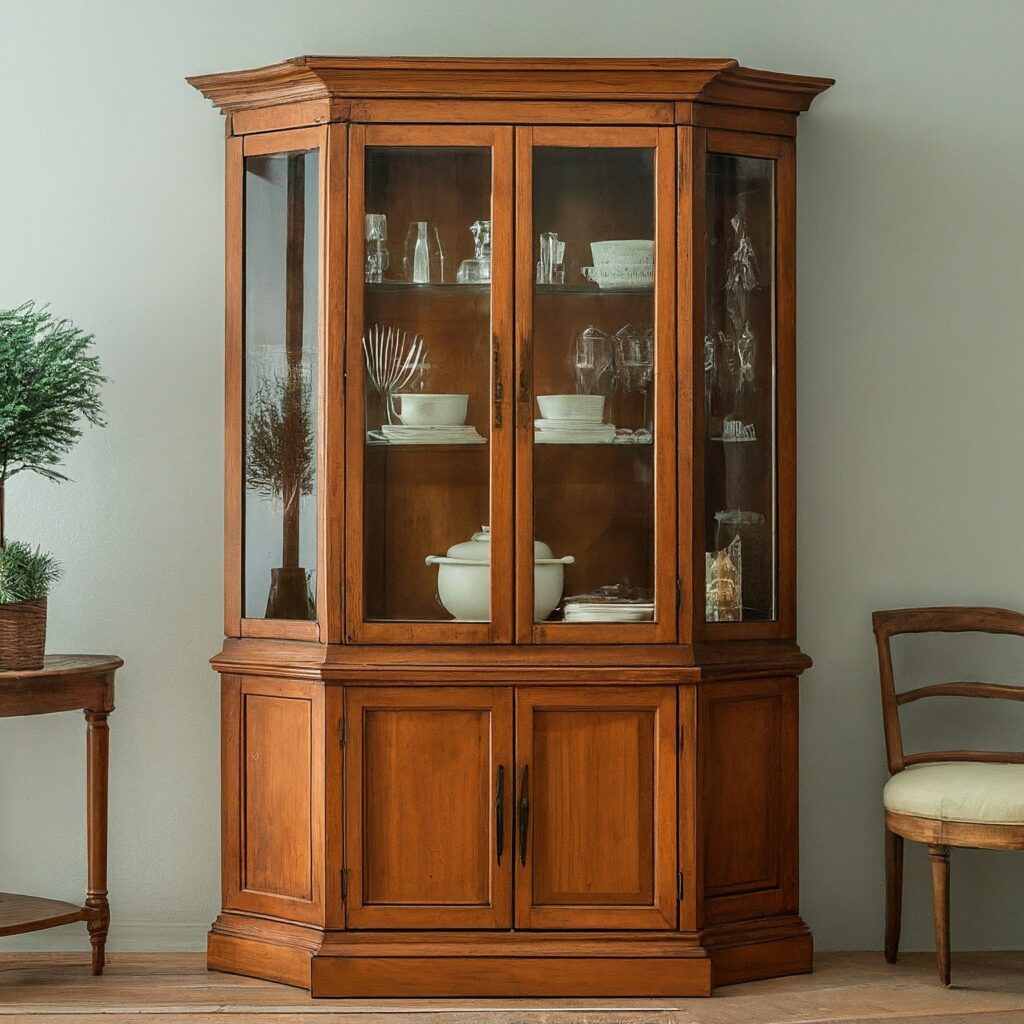 glass and wood curio cabinet with glass ware in kitchen