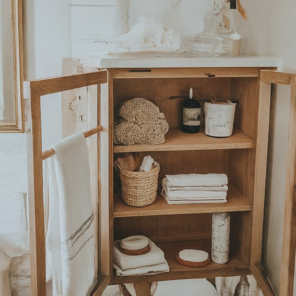 Bathroom organizer with towels, hand soap, toilet paper
