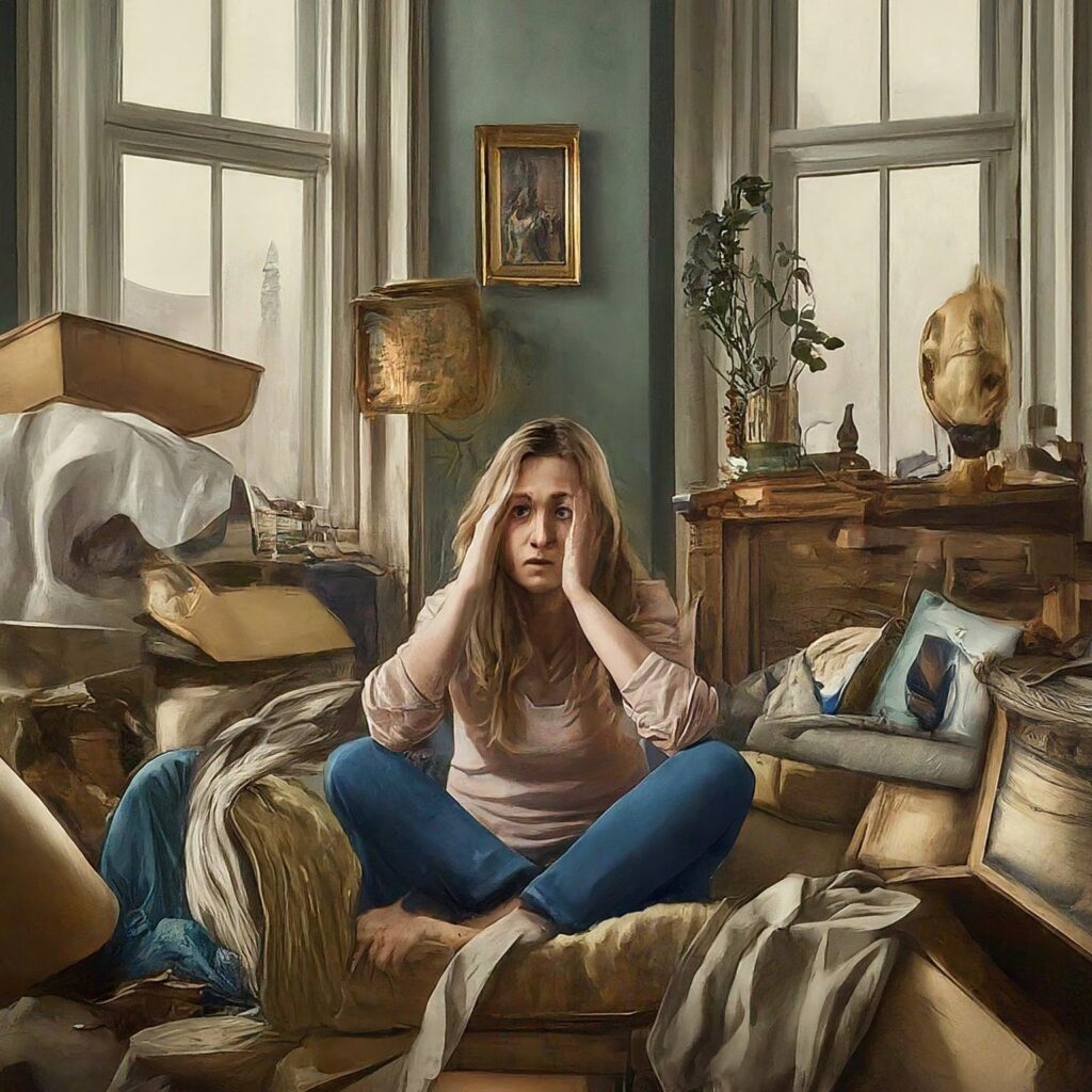 Person struggling with clutter around her and is struggling
