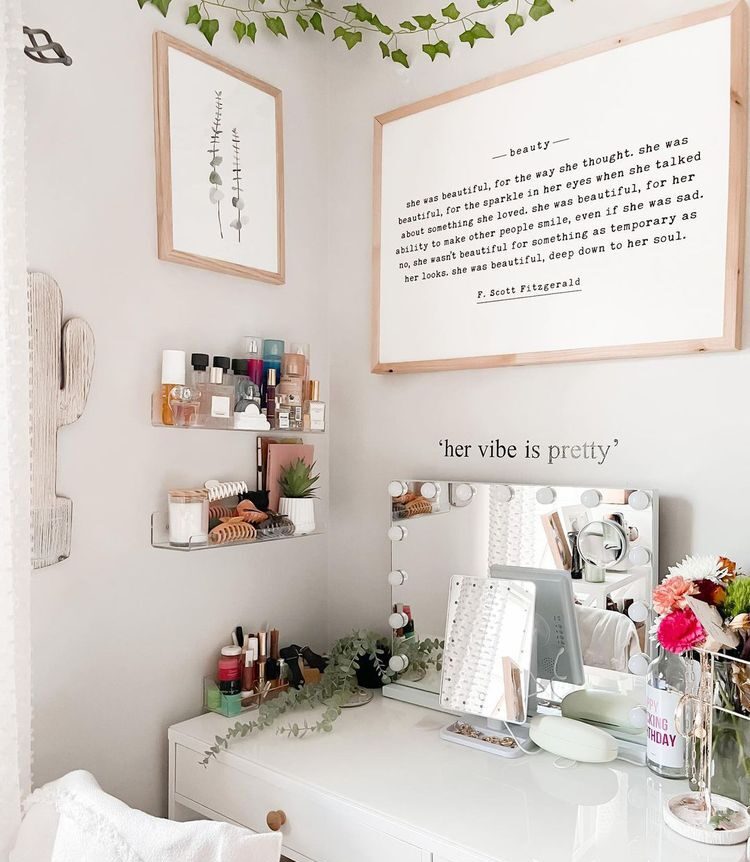 Vertical shelf on wall near dresser organized