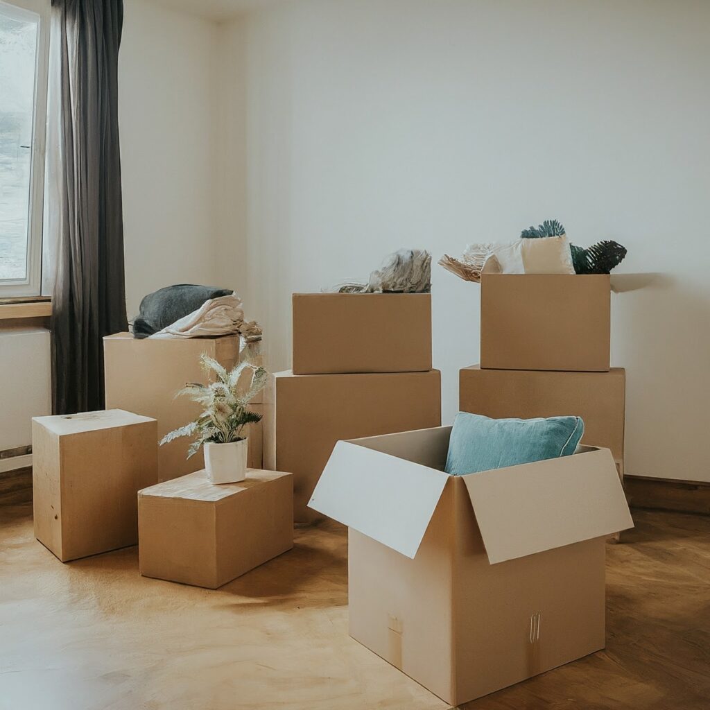 A bedroom being packed for relocation with carton boxes on the ground filled with items