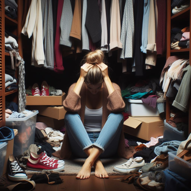 Woman in a cluttered closet sitting down stressed