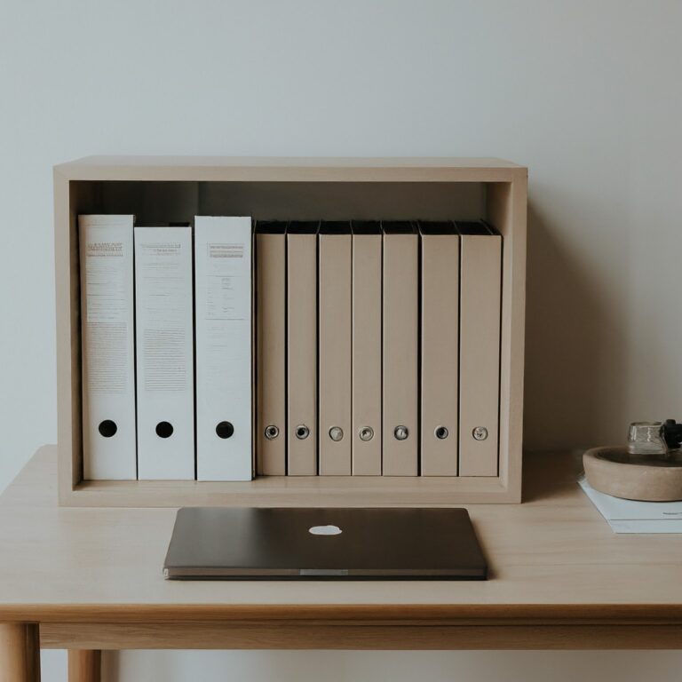 An image showcasing a clean, organized desk with folders for bills, receipts, and documents, a modern laptop