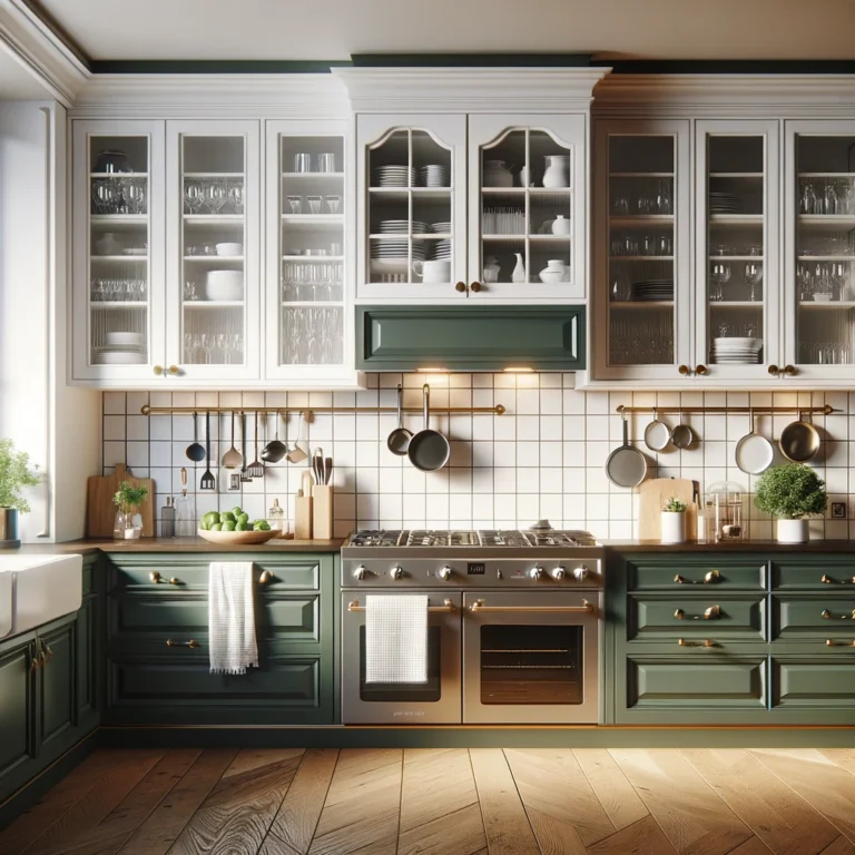 A modern kitchen interior design with white upper cabinets featuring glass doors, showcasing neatly arranged dishes and glasses.