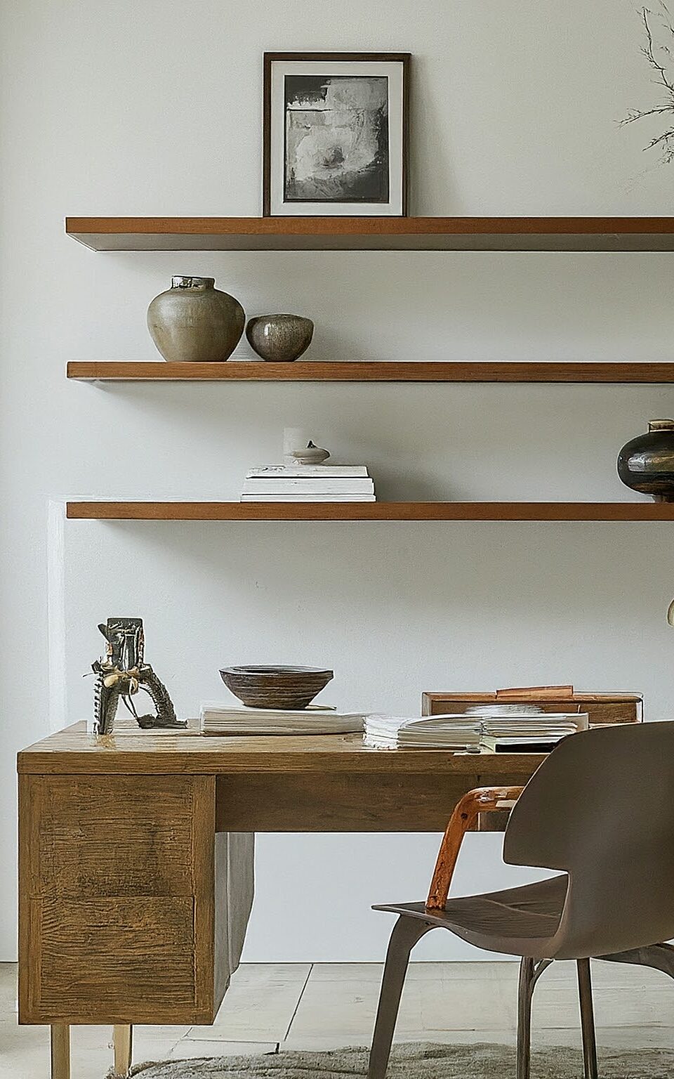 a desk and chair with floating shelves above it in the home office